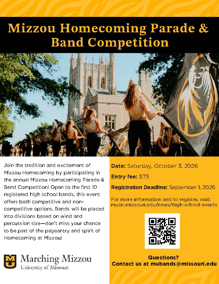 image of marching mizzou color guard in front of memorial union with text about homecoming parade competition