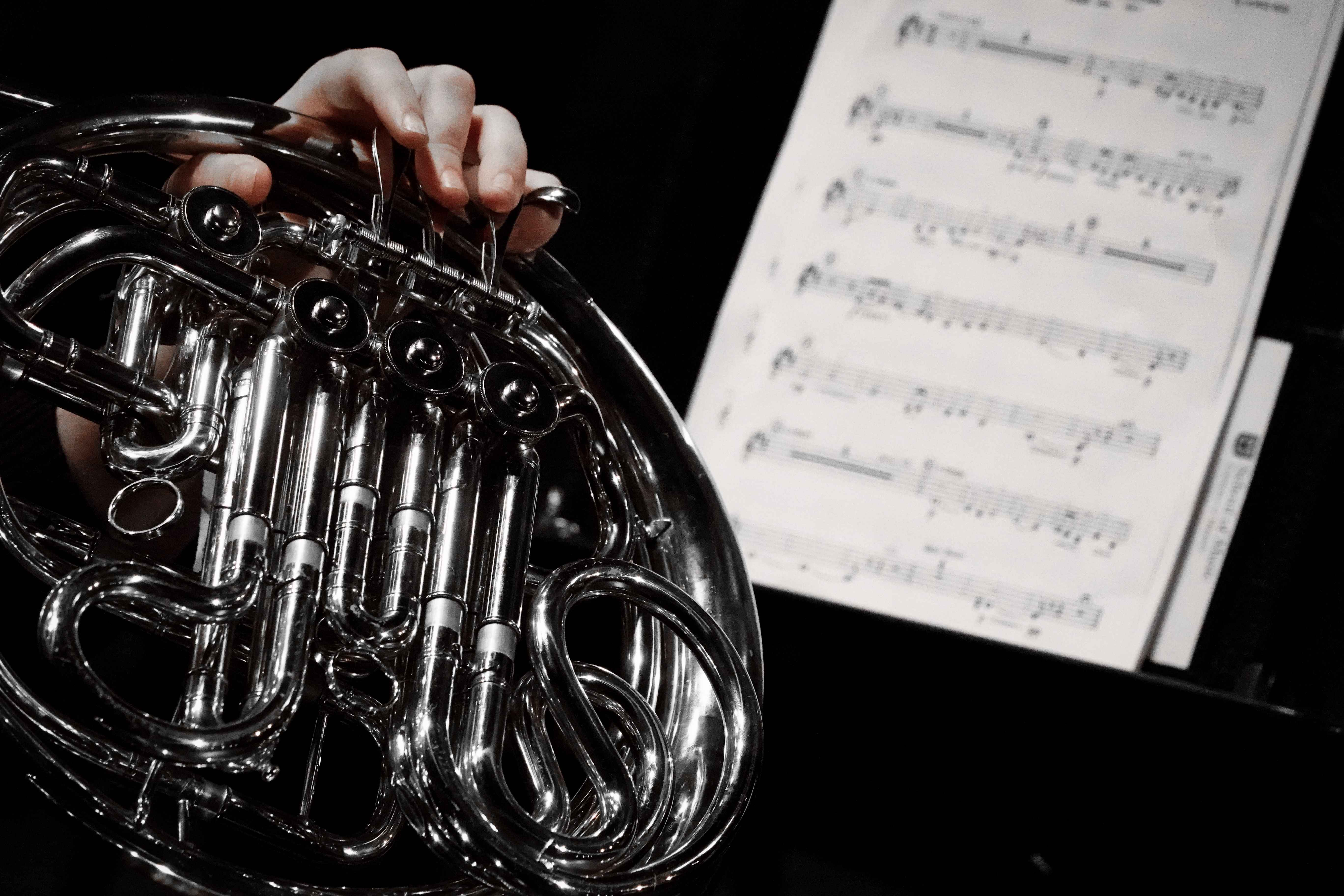 Person playing a French horn and a music stand