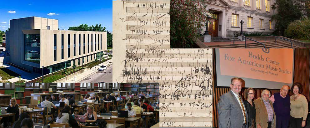 Collage of the music building, musical score, library, classroom, and a photo of faculty
