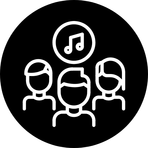 Three people with a music note above their heads