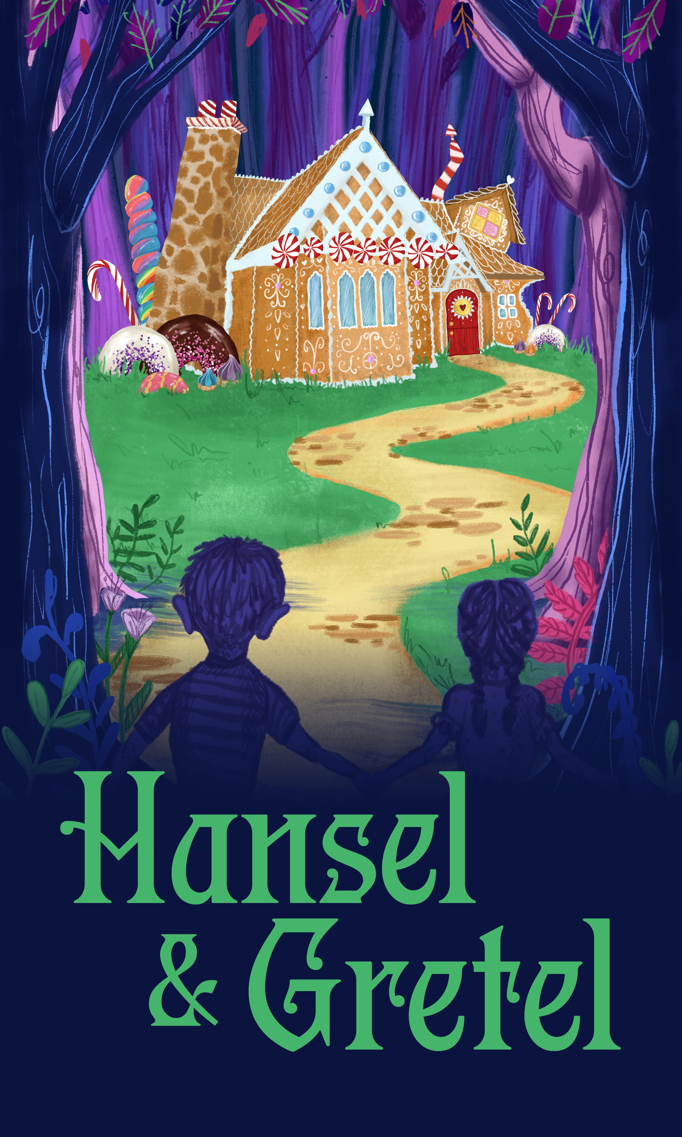 boy and girl holding hands in the woods looking at a gingerbread house